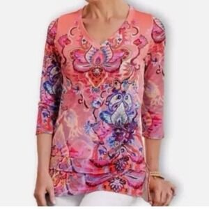 SOFT SURROUNDINGS Reyes Coral Floral Paisley Print Knit MEDIUM Tunic Top 2FD12